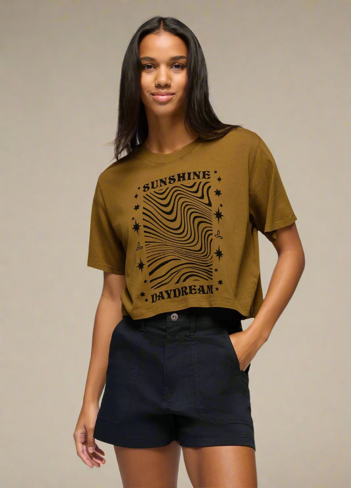 Prana Women's Everyday Graphic Crop Tee | Retro Olive Sunshine Daydream