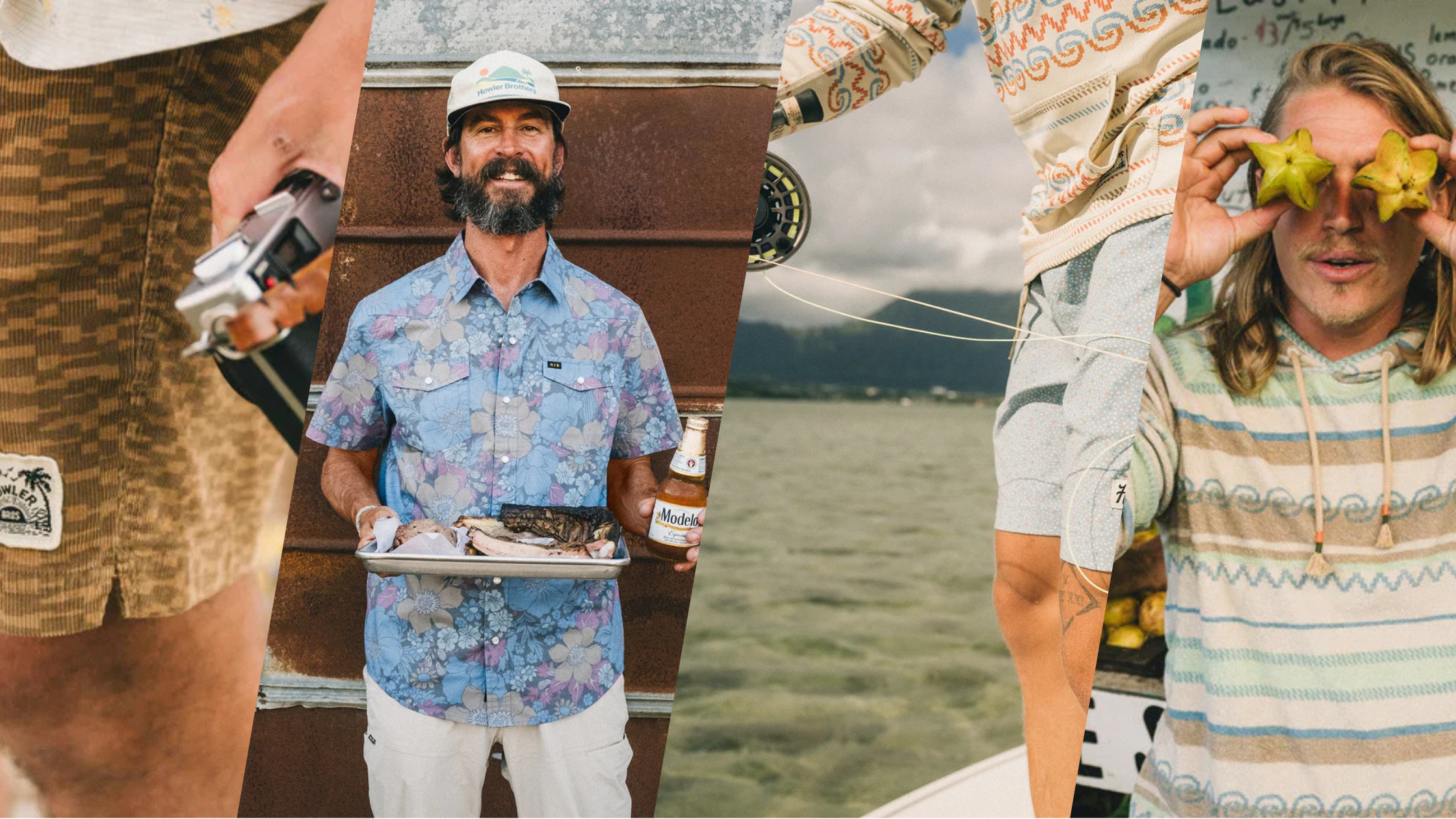 a collage of images of men in outdoor settings wearing Howler Bros clothing