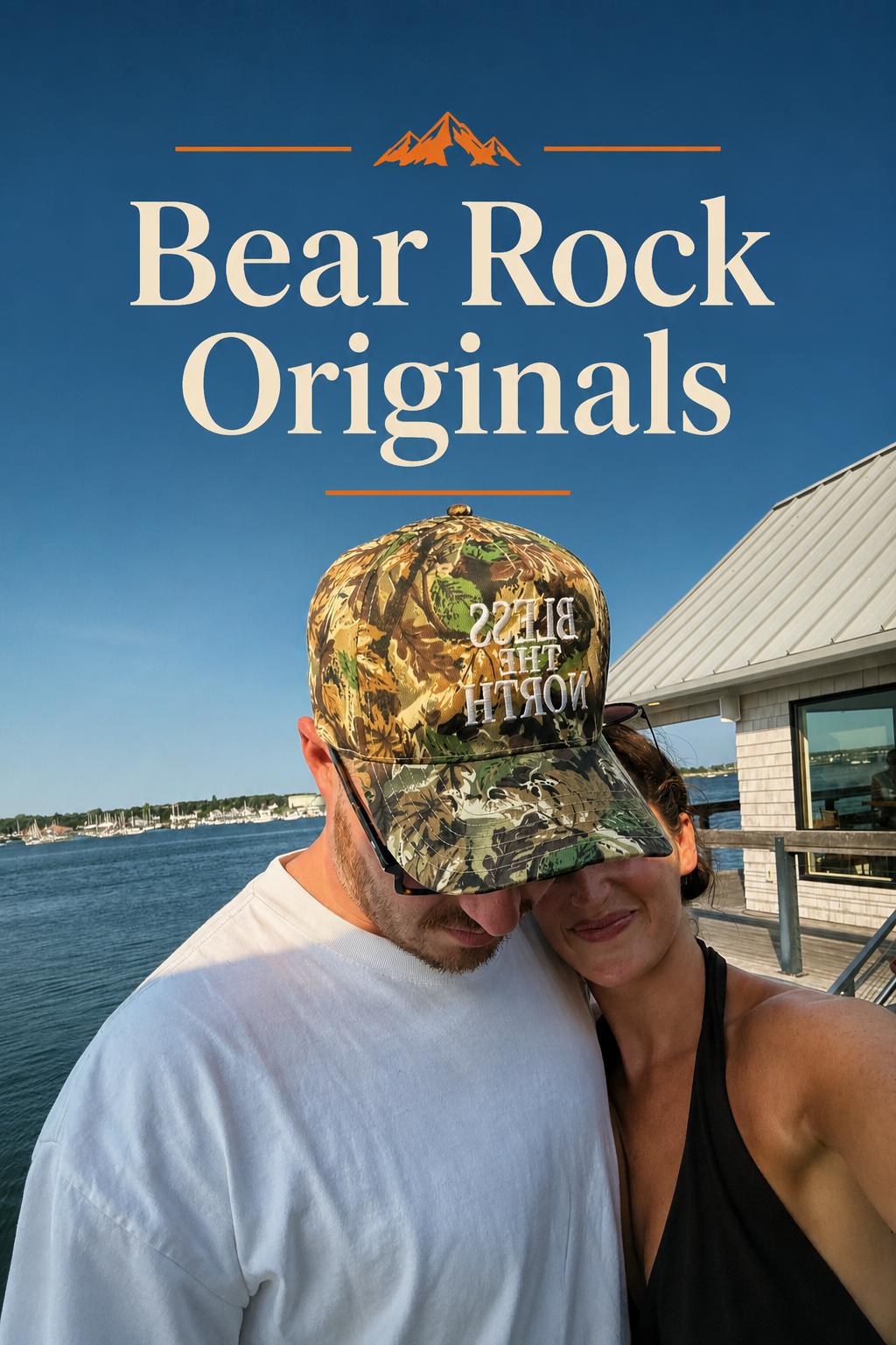 Bear Rock hats stacked in front of boxes