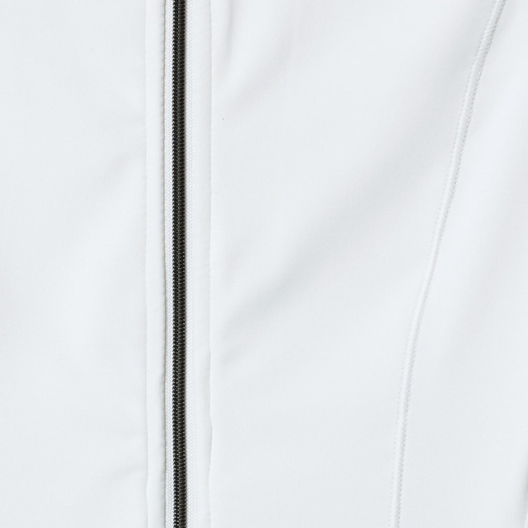 Close-up of a white jacket with a zipper on a light gray background