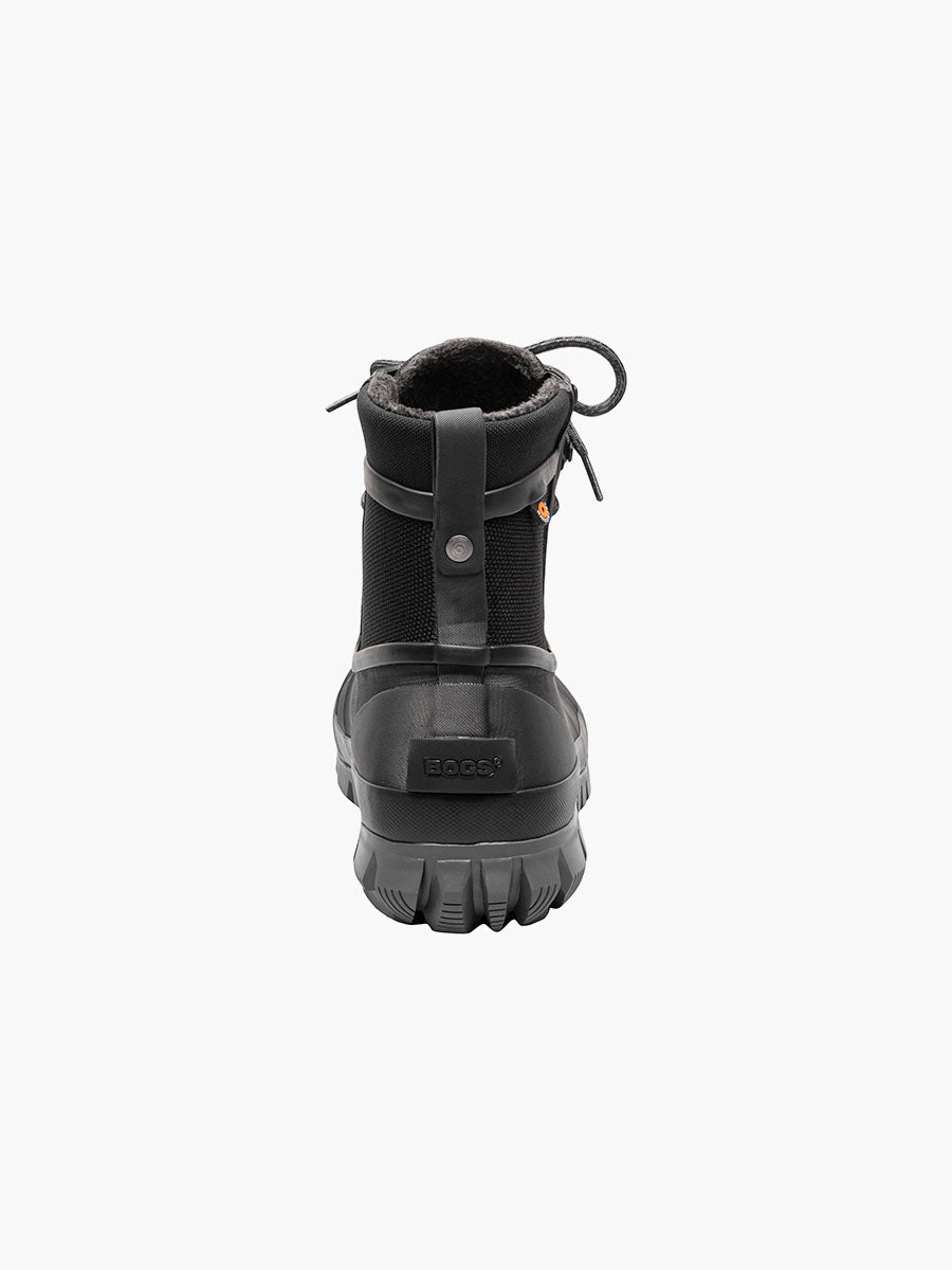 A black ankle-height work boot shown from the back on a plain light gray background.
