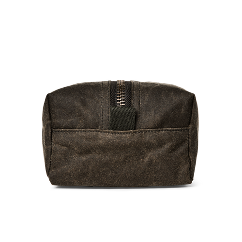 A dark brown waxed canvas zippered pouch with a black zipper pull tab, shown against a plain white background.