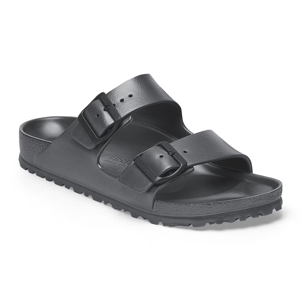 Black sandal with two straps on a white background