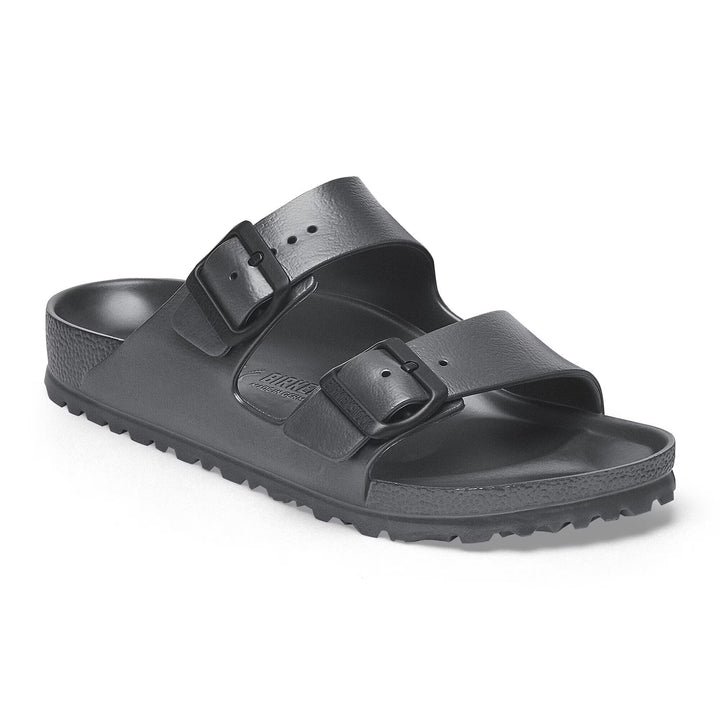 Black sandal with two straps on a white background