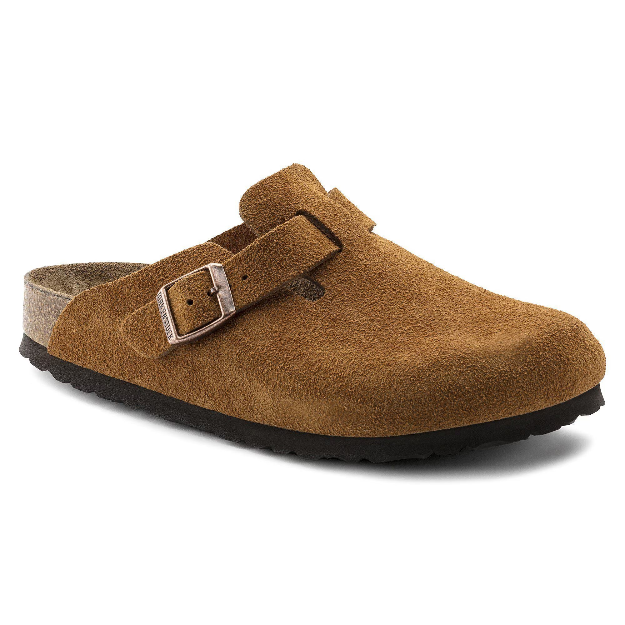 Brown suede clog with a buckle on a white background