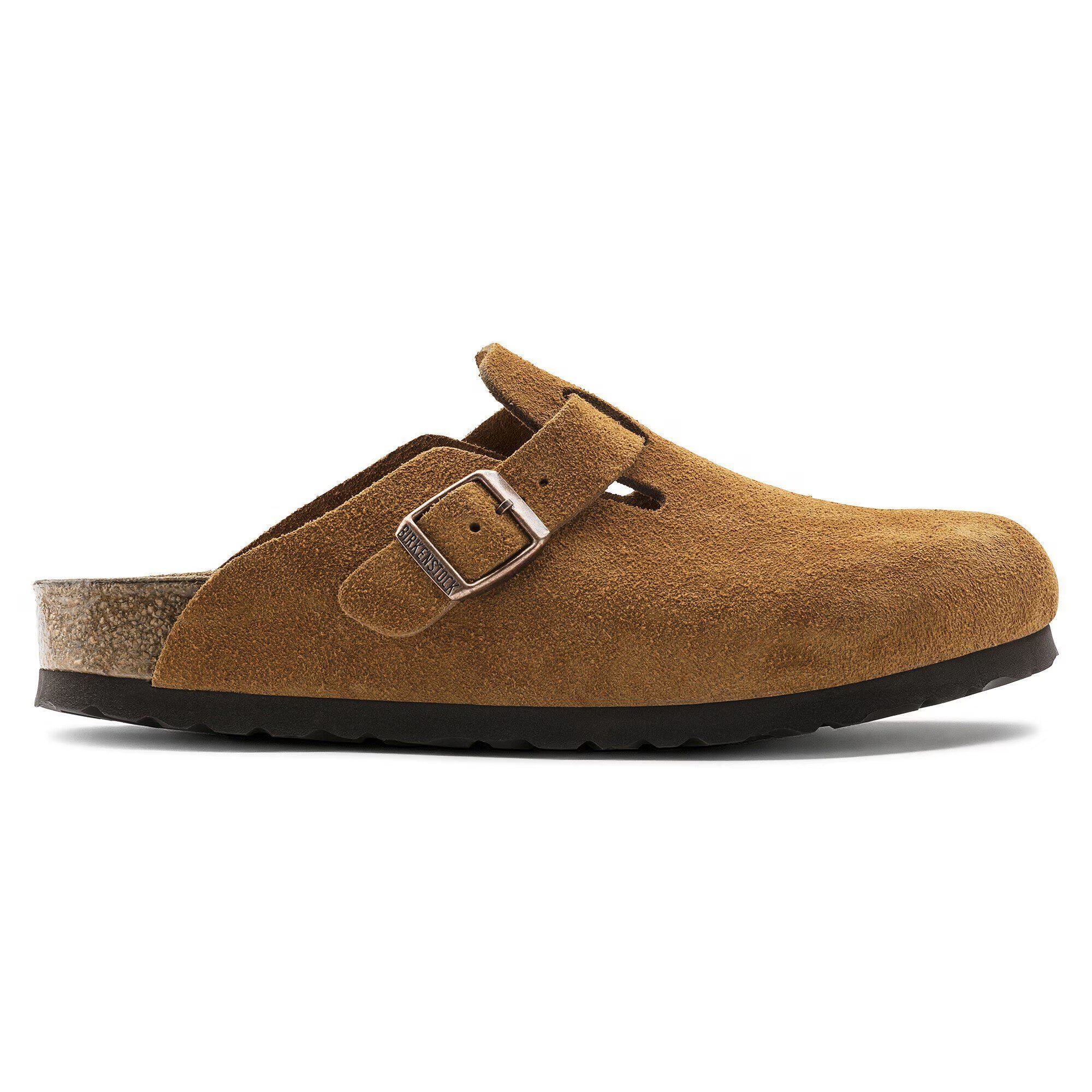 Brown suede clog with a buckle on a white background