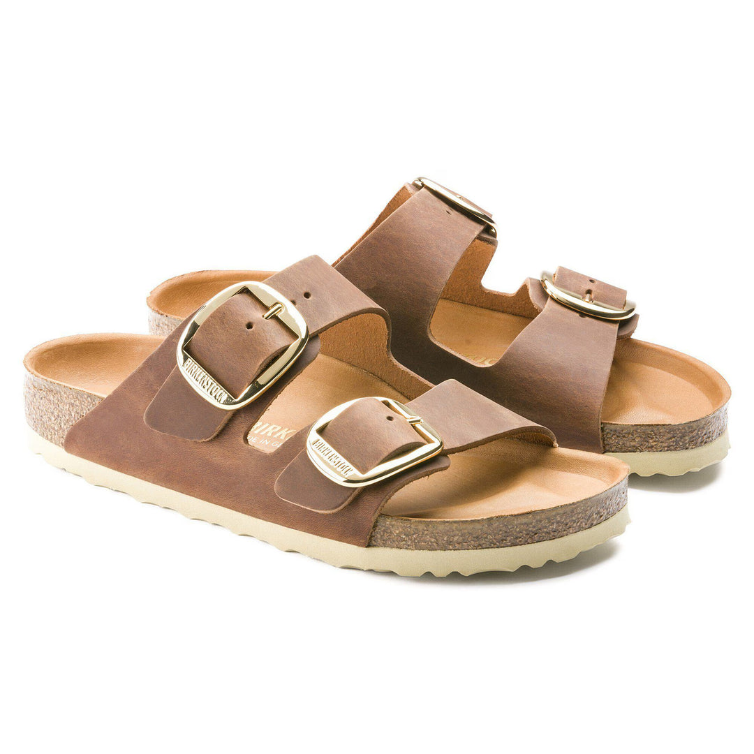 Pair of brown sandals with gold buckles on a white background