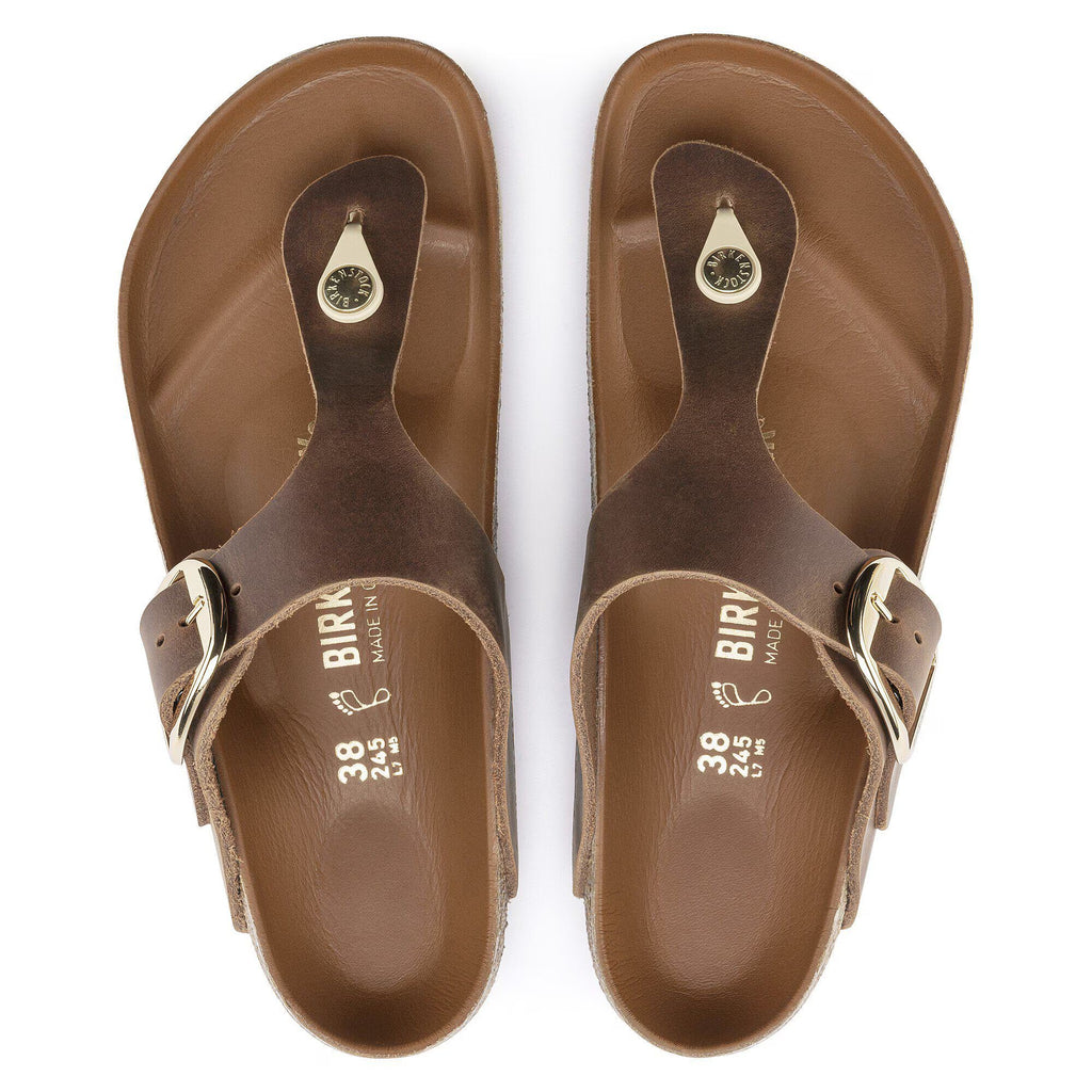 Pair of brown sandals with metallic straps on a white background