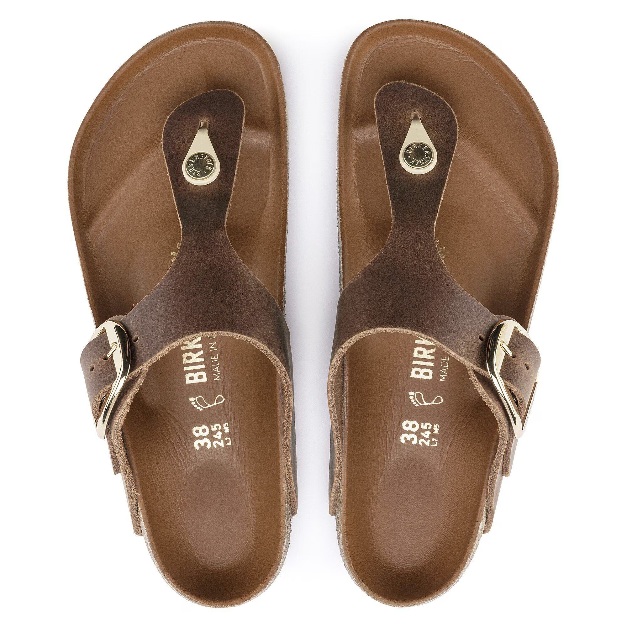 Pair of brown sandals with metallic straps on a white background