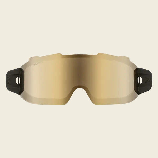Gold goggles with black straps on a white background