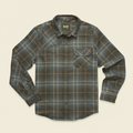 A long-sleeve plaid button-up shirt by Timberland, featuring a muted green, brown, and beige checkered pattern, laid flat against a white background.
