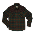 A long-sleeve button-up flannel shirt by Barbour, featuring a dark green and brown plaid body, a solid dark brown quilted yoke, and two buttoned chest pockets.