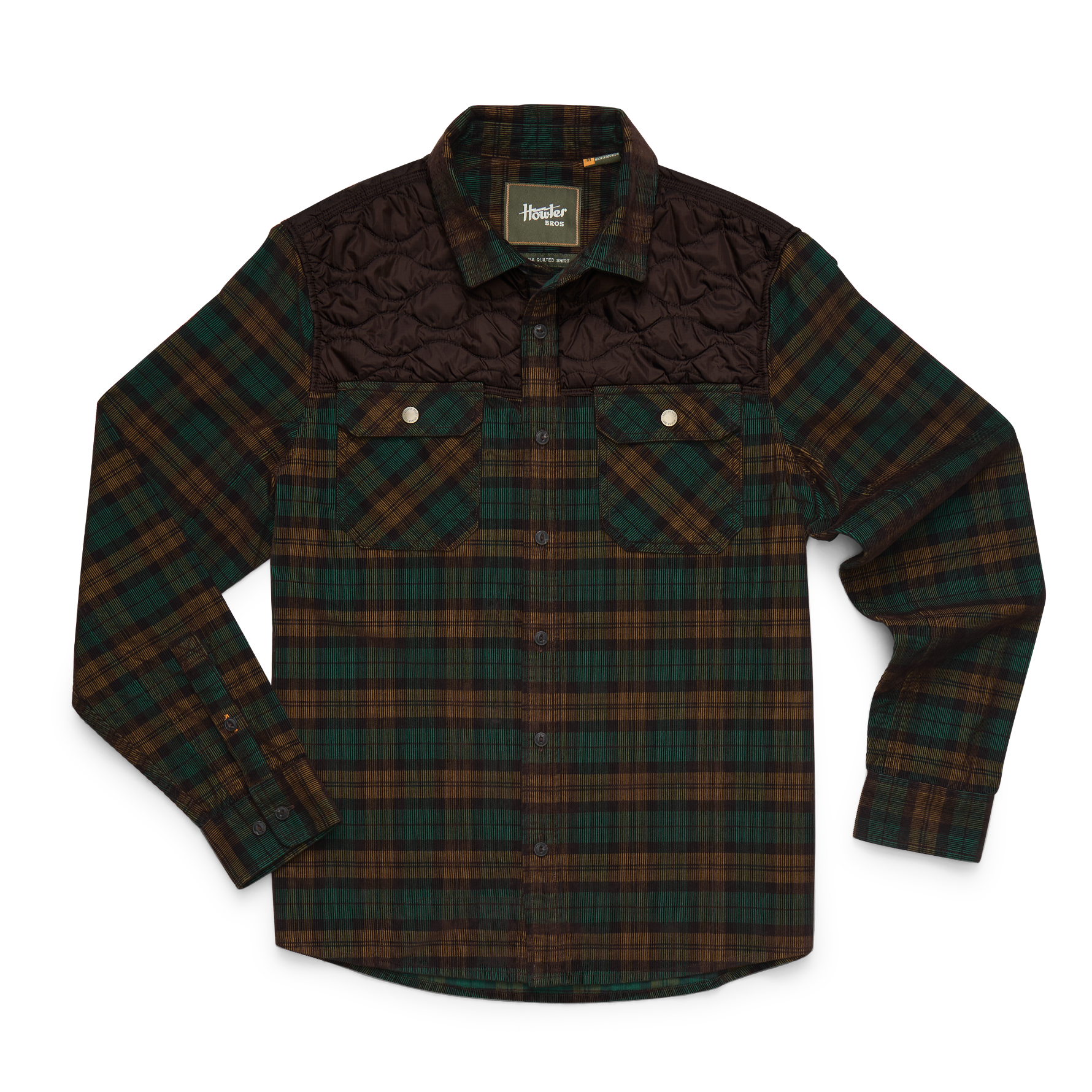 A long-sleeve button-up flannel shirt by Barbour, featuring a dark green and brown plaid body, a solid dark brown quilted yoke, and two buttoned chest pockets.
