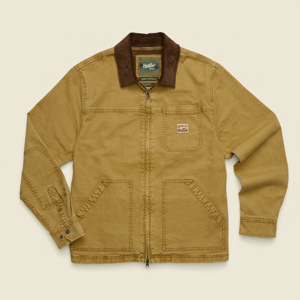 A classic Carhartt like work jacket in a warm tan canvas fabric, featuring a dark brown corduroy collar, a front zipper closure, and a chest pocket with a visible Howler Brothers brand patch.