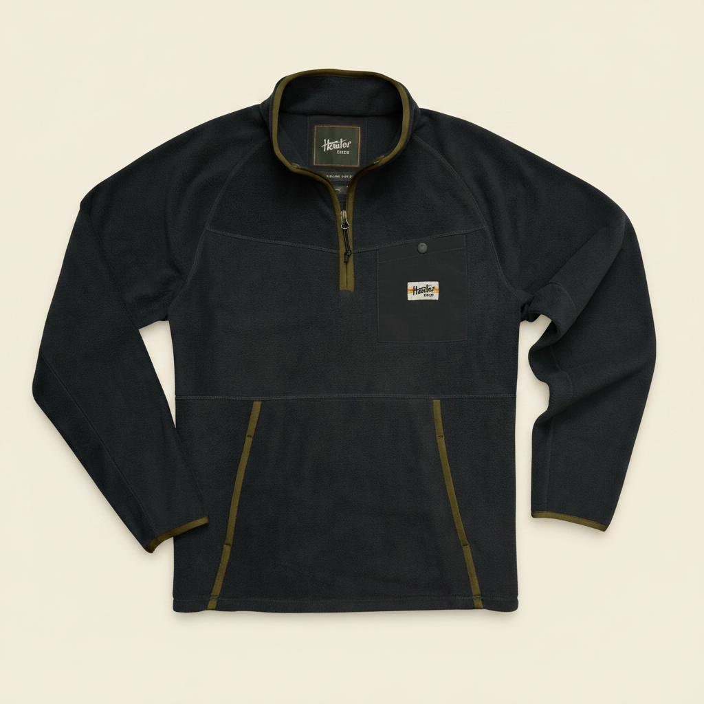 A black fleece pullover jacket with olive green trim, a half-zip collar, and a chest pocket, shown flat on a white background.