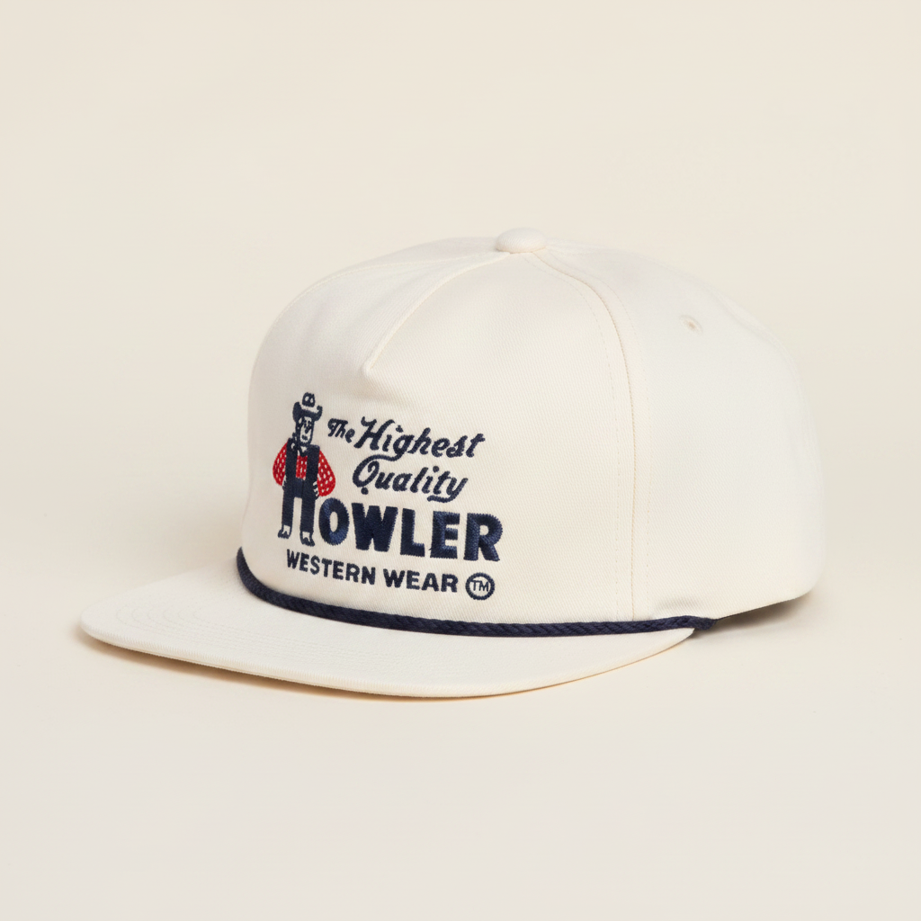 An off-white snapback cap featuring embroidered branding on the front. The embroidery includes a cowboy mascot wearing a red-and-white checkered shirt and black hat, alongside the text 'The Highest Quality HOWLER WESTERN WEAR'.