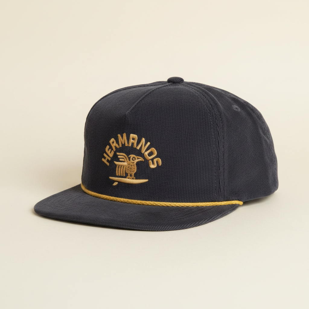 A dark gray corduroy baseball cap with a gold embroidered logo reading 'HERMANOS' and a bird emblem on the front, plus a gold stitched line along the brim, shown on a plain white background.