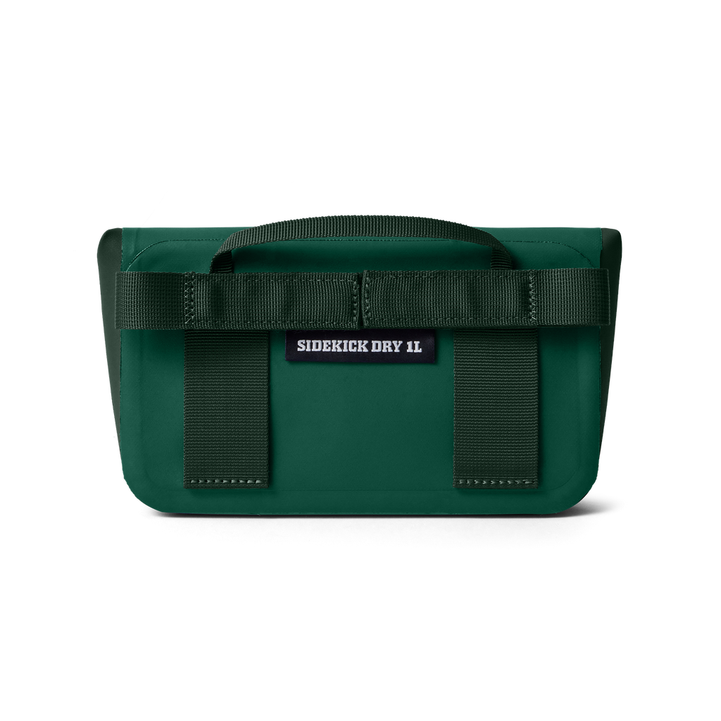 Green bag with black straps and a visible brand label on a white background