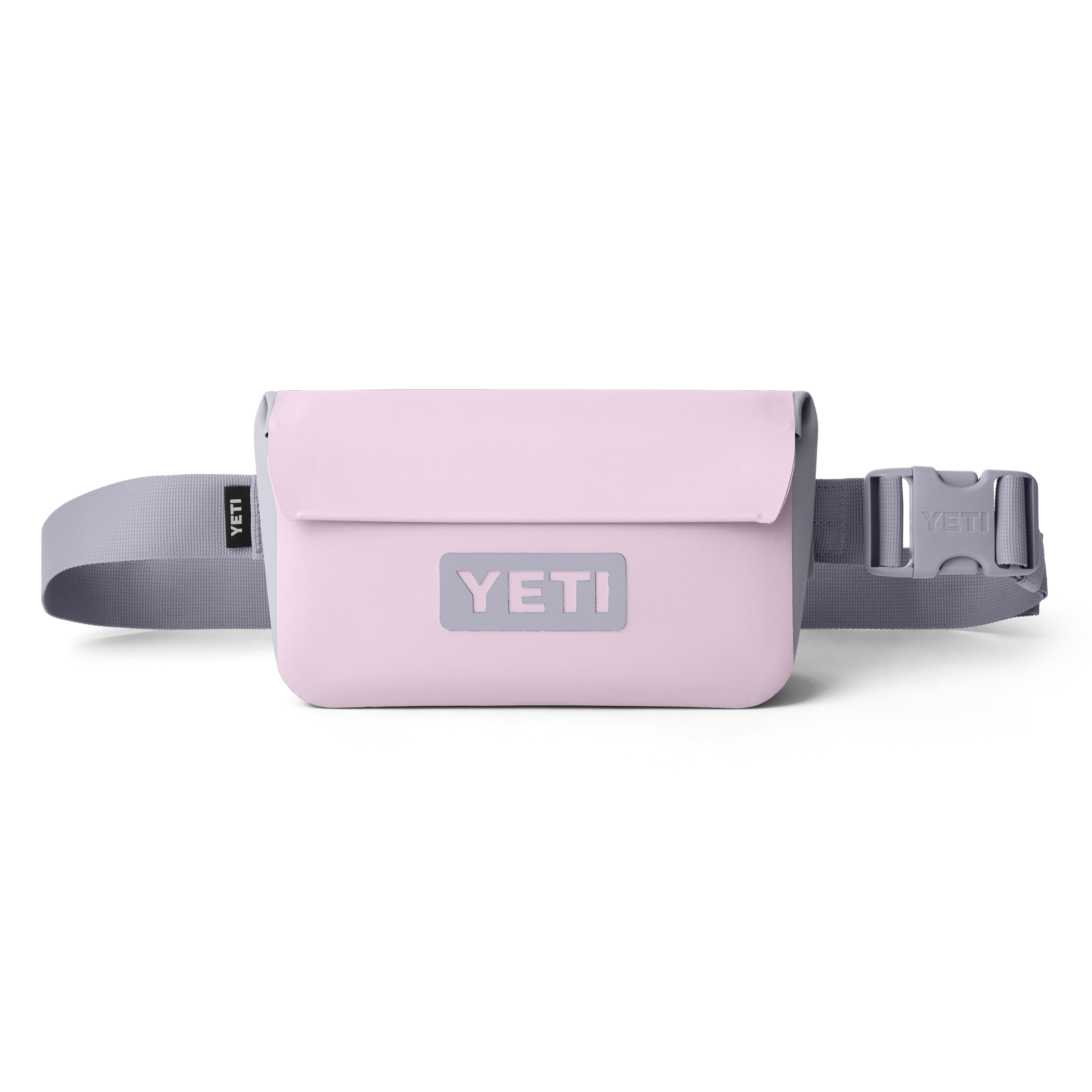 Pink YETI waist bag with a gray strap on a white background