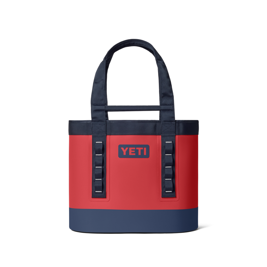 Red and navy tote bag with YETI logo on a white background