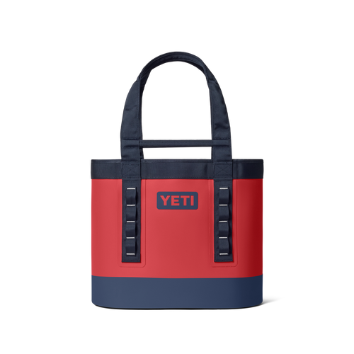 Red and navy tote bag with YETI logo on a white background