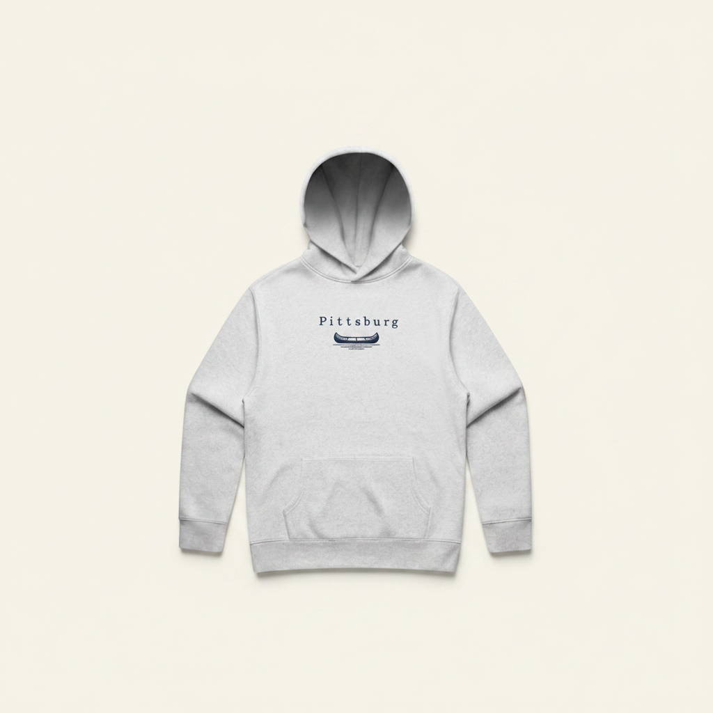 A light gray heather pullover hoodie with a small navy and white 'Pittsburg' boat graphic on the chest, displayed against a solid white background.