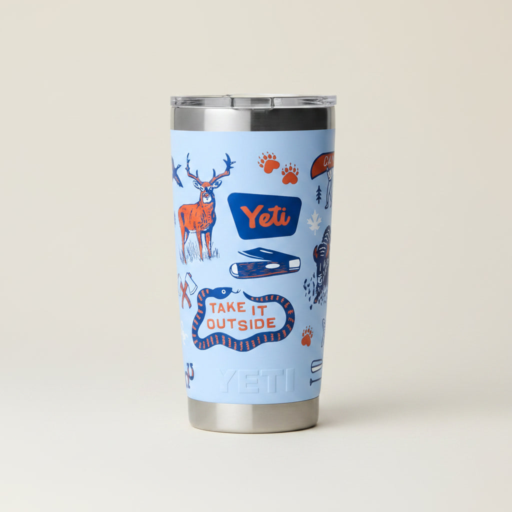 Yeti tumbler with nature-themed design and 'Take it Outside' slogan on a light blue background