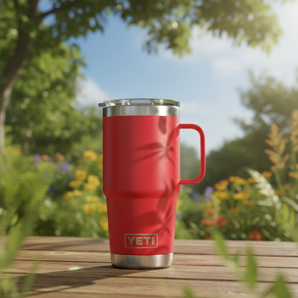 Red YETI mug with a summer scene