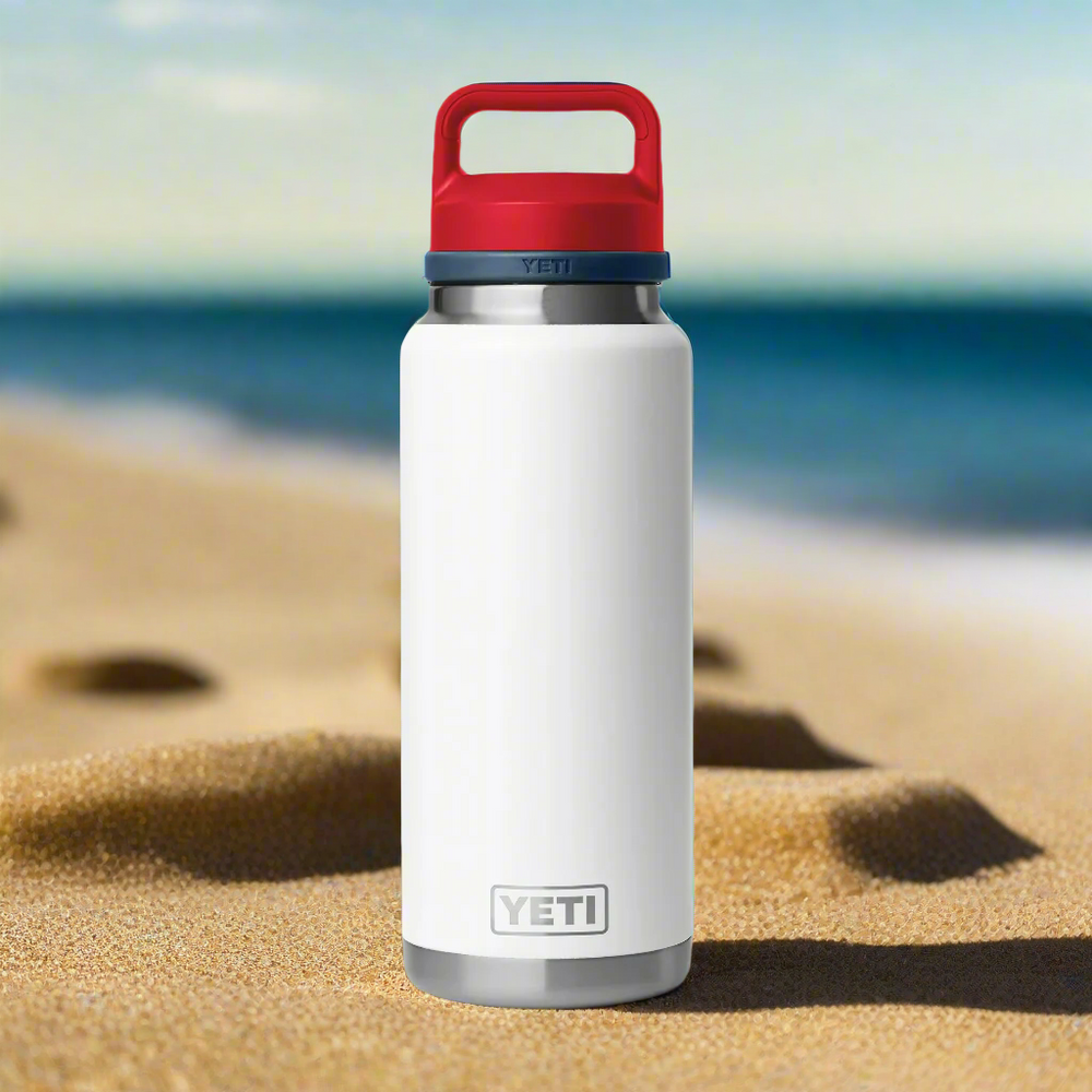 Yeti Rambler 36 oz Bottle w/Chug Cap White Navy Rescue Red