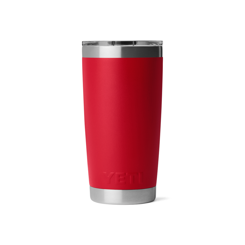 Red YETI tumbler with a silver rim on a white background