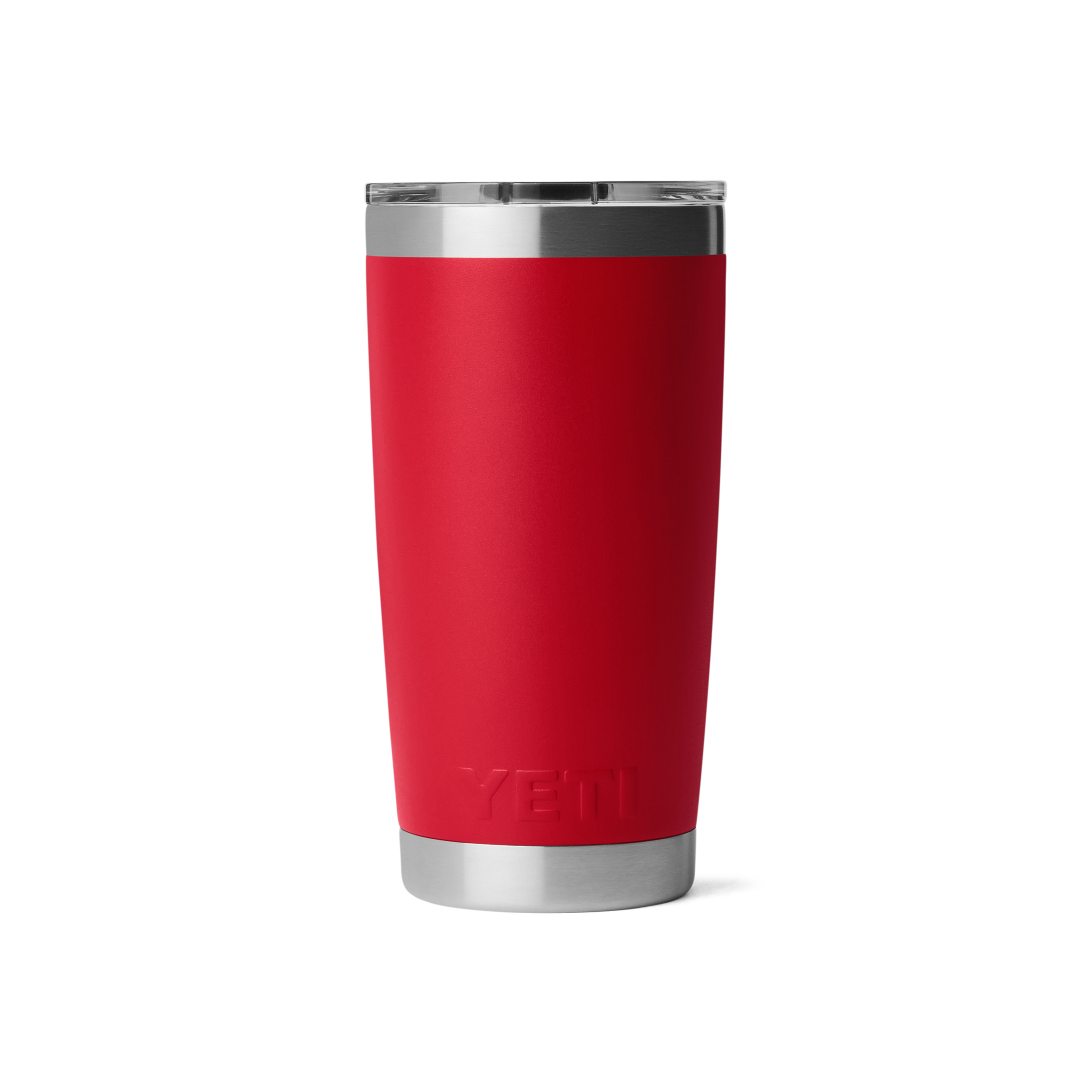 Red YETI tumbler with a silver rim on a white background