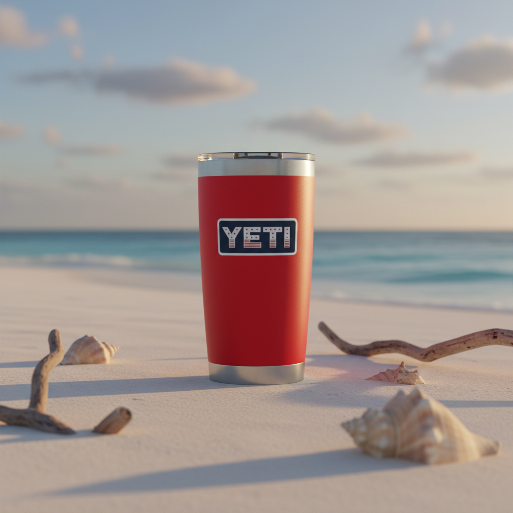 Red YETI insulated tumbler on a beach background