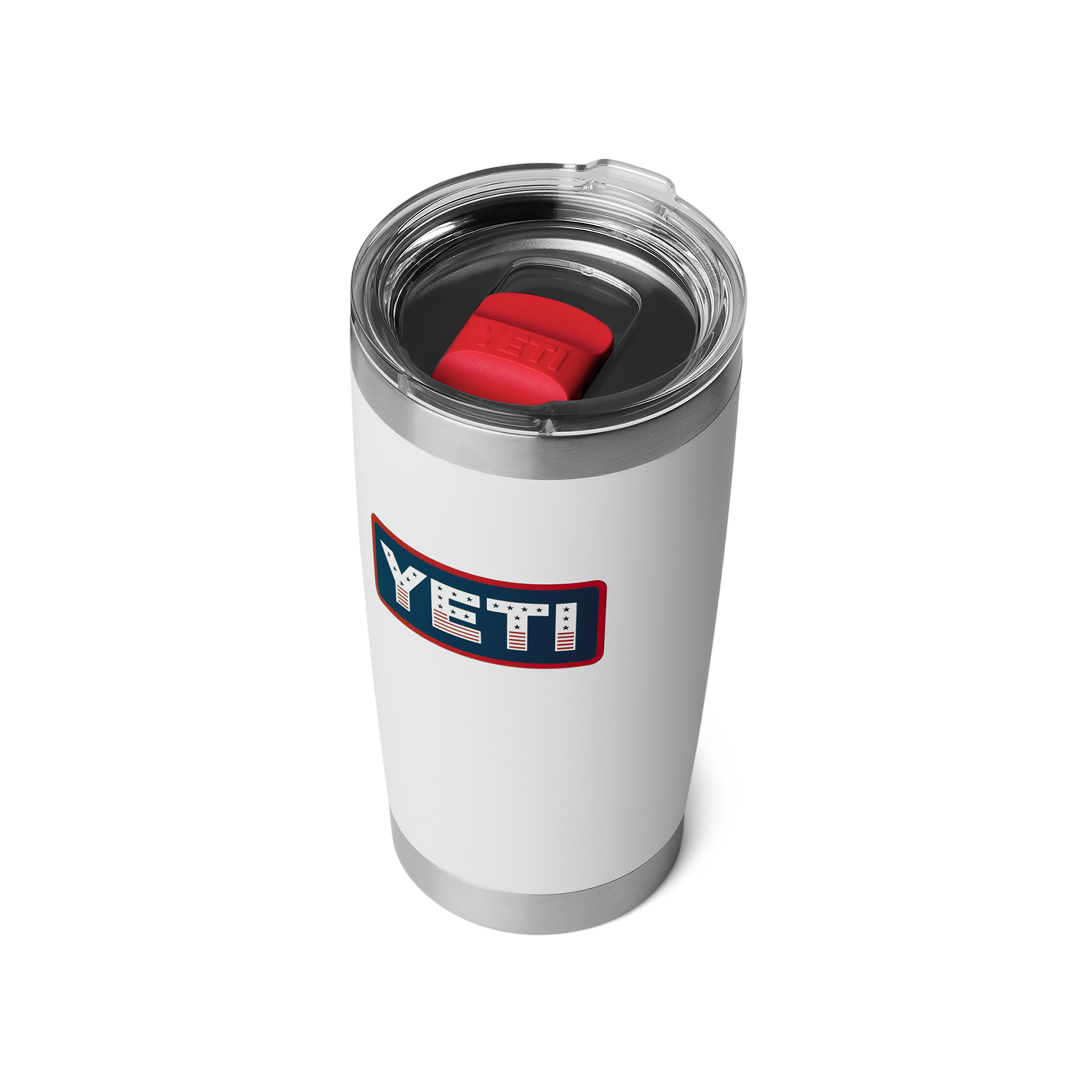 White YETI tumbler with a red interior on a white background
