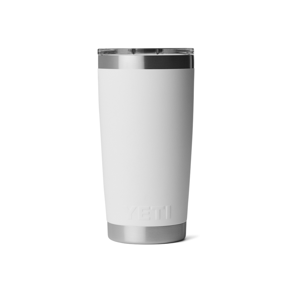 White insulated tumbler with silver lid on a white background