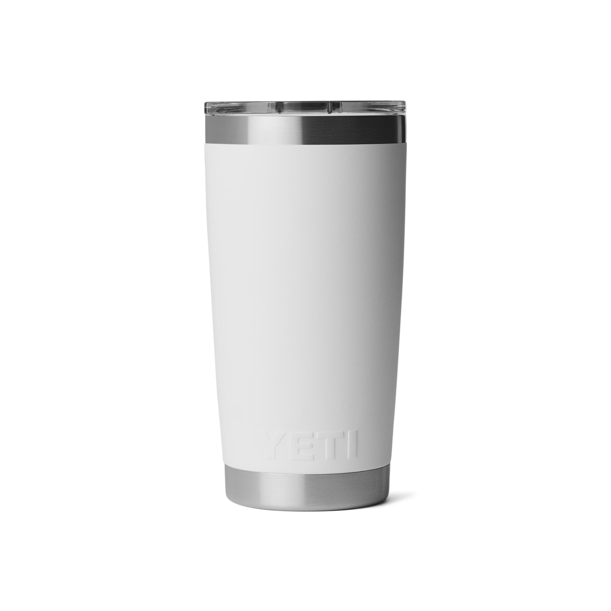 White insulated tumbler with silver lid on a white background