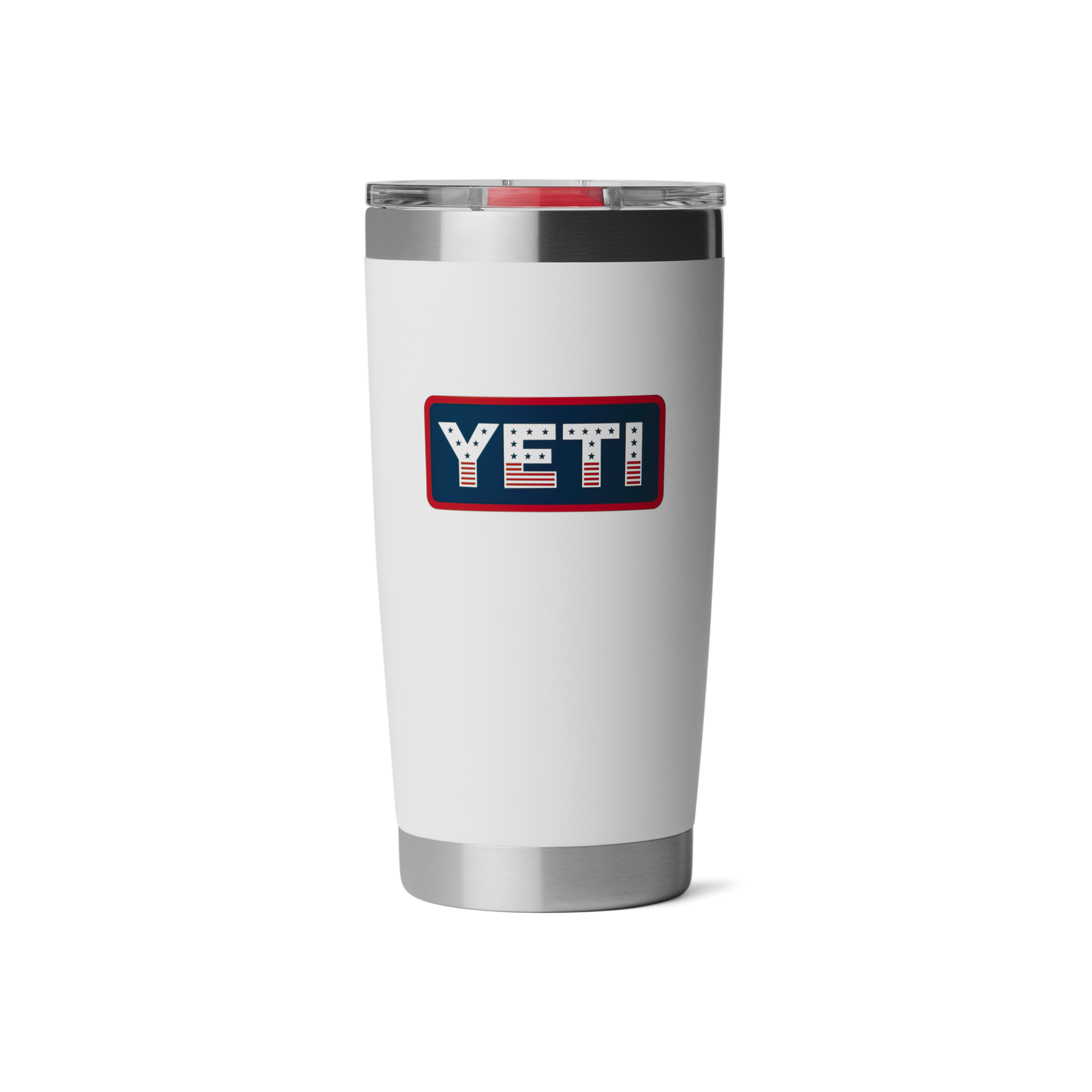 White YETI tumbler with a red, white, and blue logo on a white background