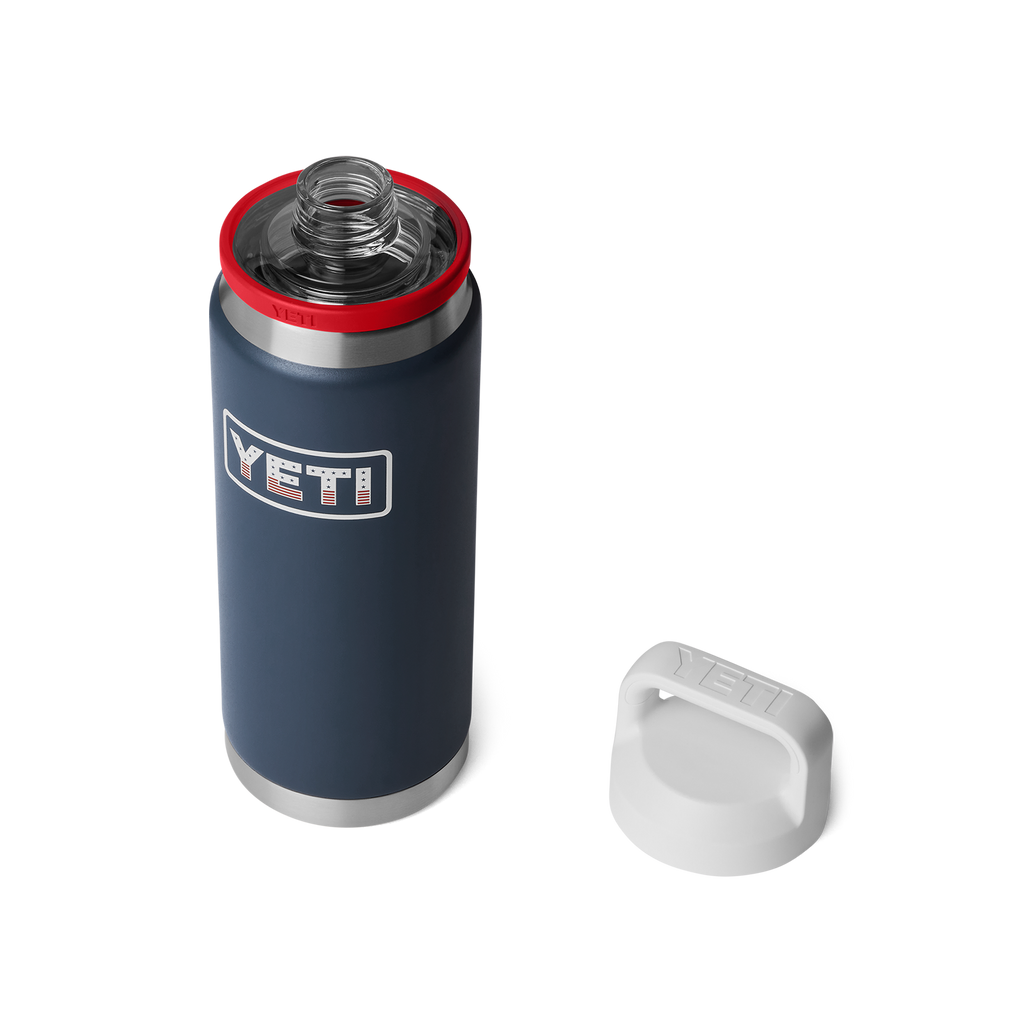 Blue YETI water bottle with a red lid on a white background