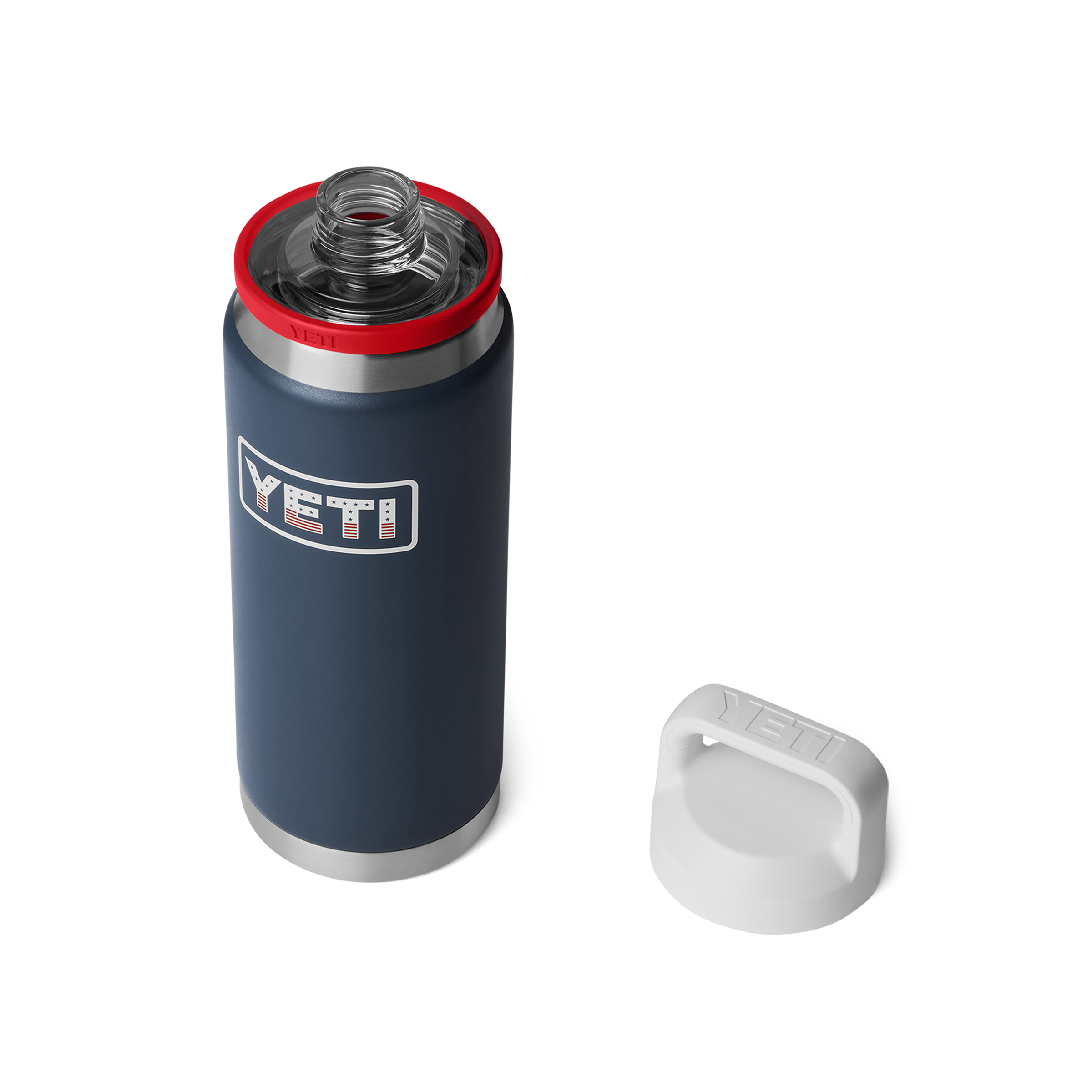 Blue YETI water bottle with a red lid on a white background
