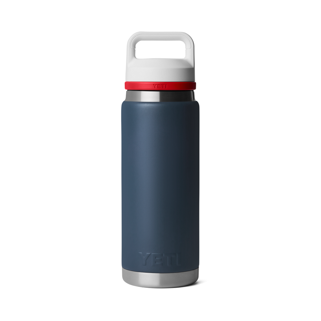 Blue YETI water bottle with a white lid and red rim on a white background