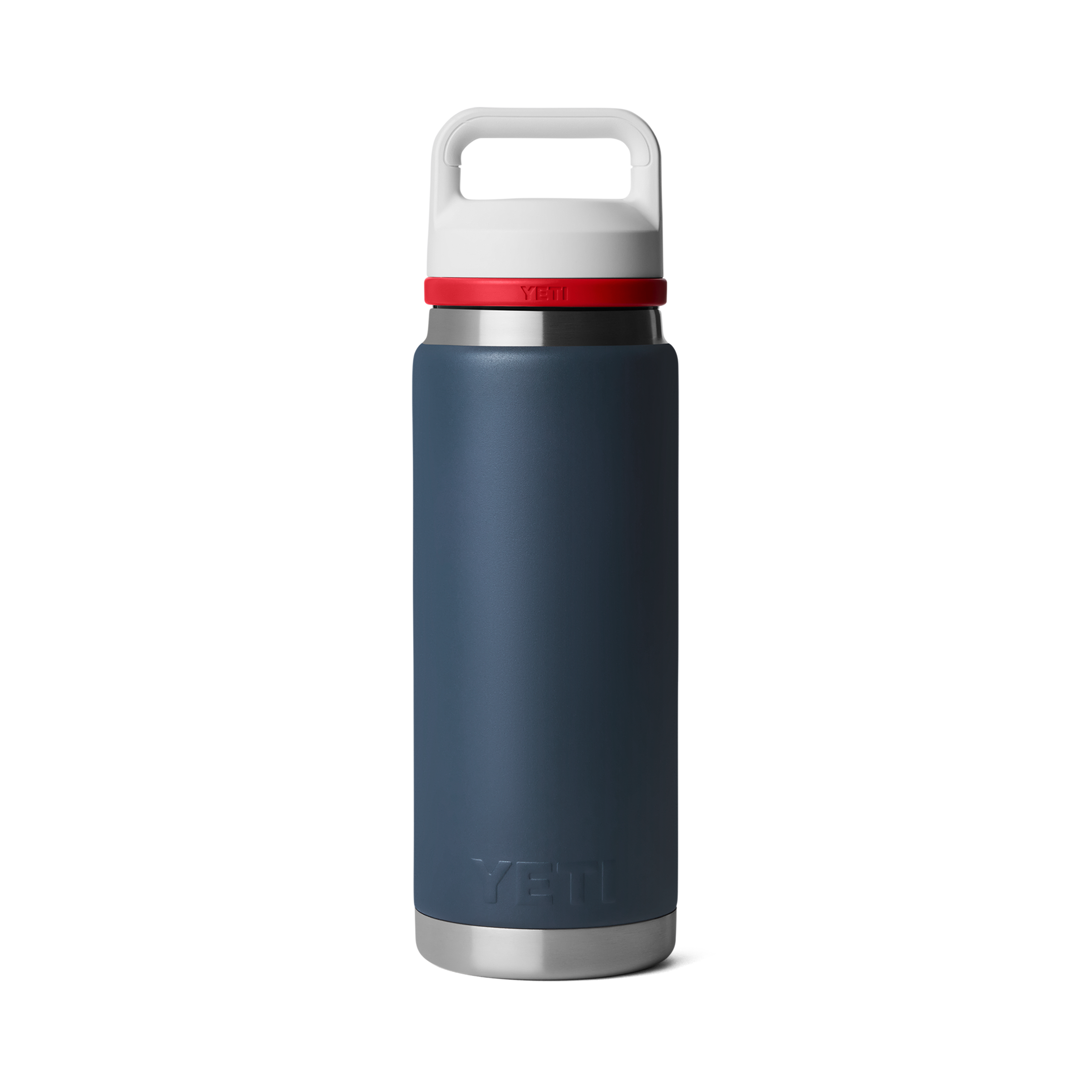 Blue YETI water bottle with a white lid and red rim on a white background