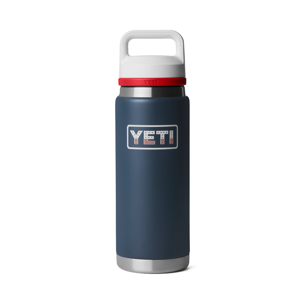 Blue YETI water bottle with a white and red lid on a white background