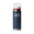 Blue YETI water bottle with a white and red lid on a white background