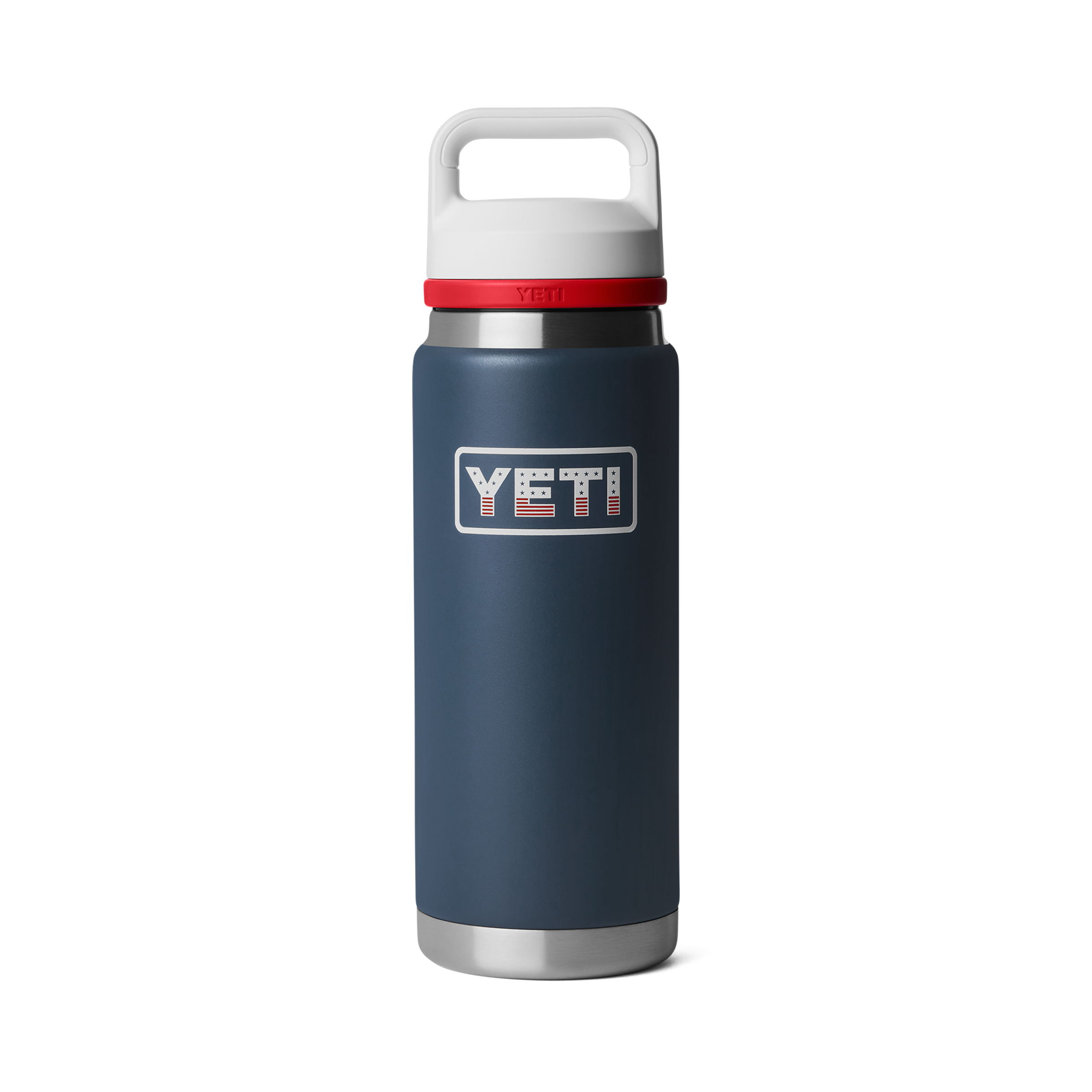 Blue YETI water bottle with a white and red lid on a white background