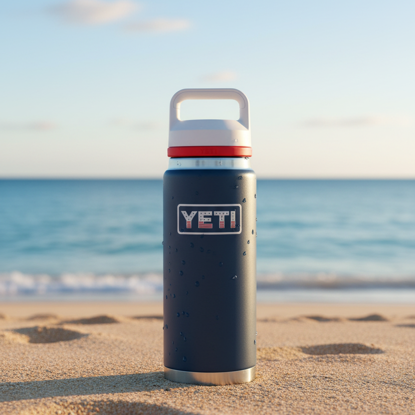 Blue YETI water bottle with a white and red lid on a beach background