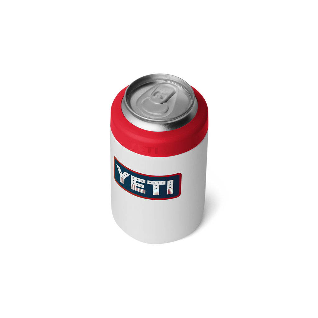 White can cooler with red top and YETI logo on a white background