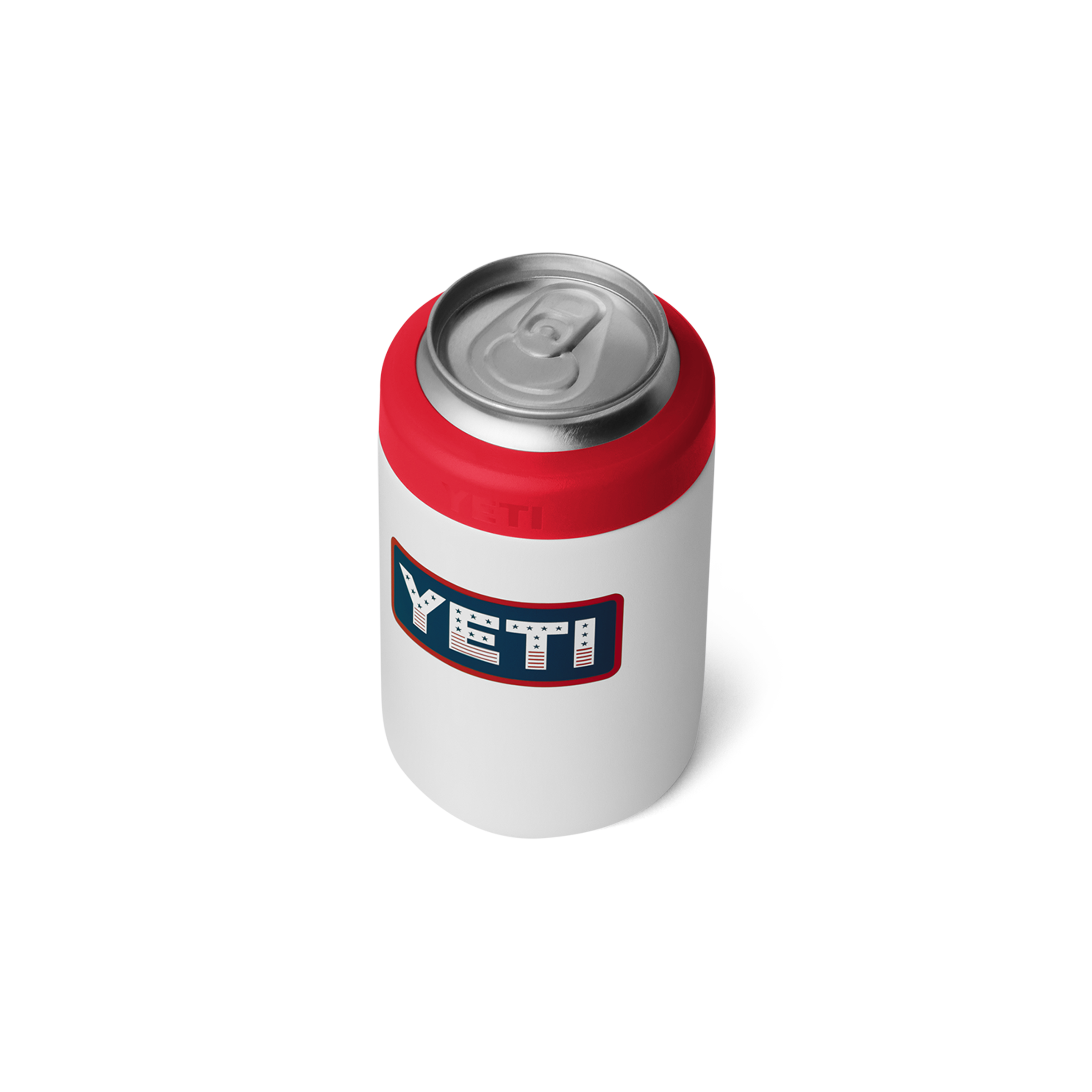 White can cooler with red top and YETI logo on a white background