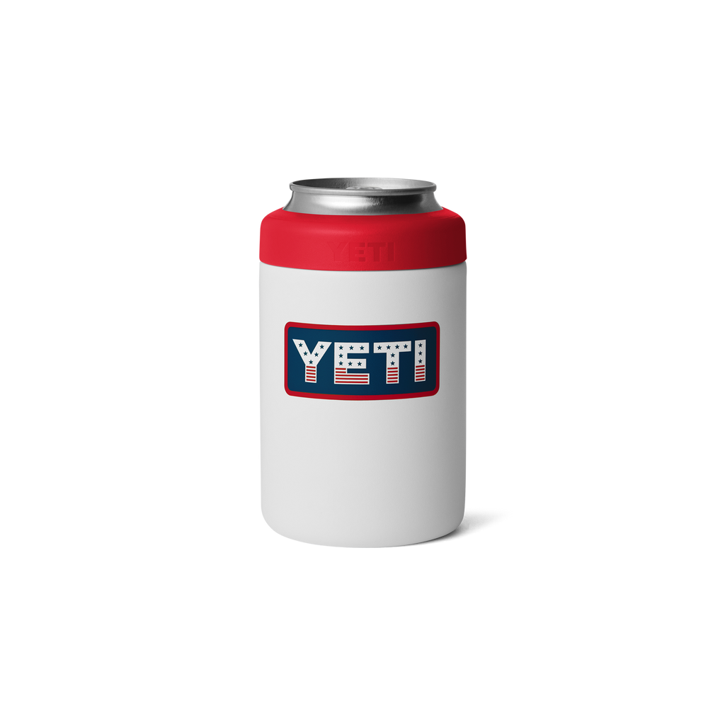 White can cooler with red top and YETI logo on a white background