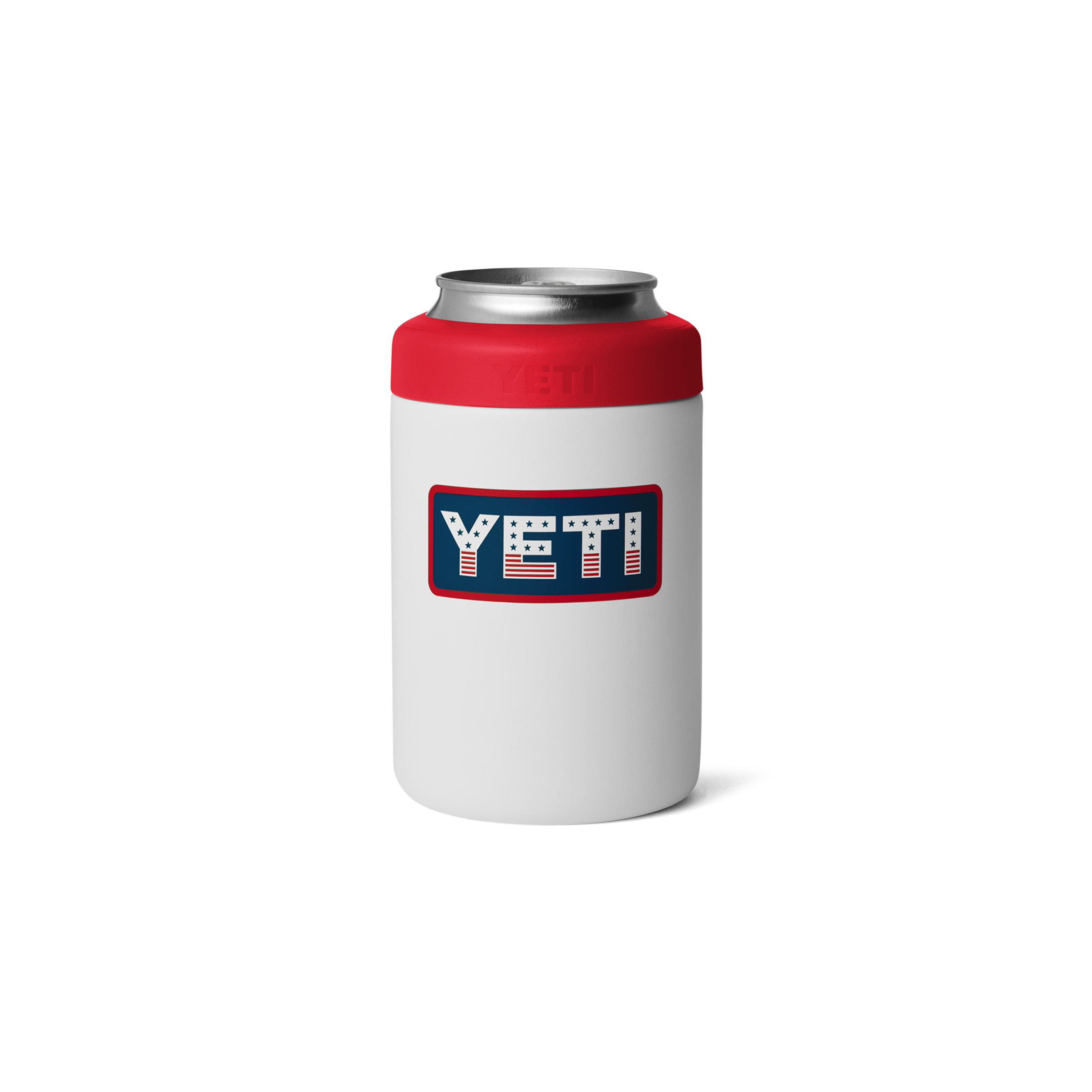White can cooler with red top and YETI logo on a white background