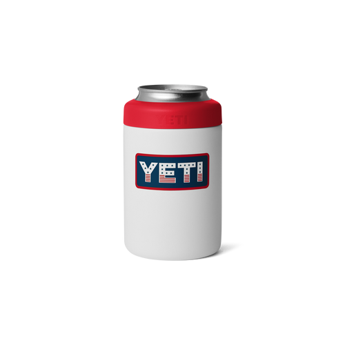 White can cooler with red top and YETI logo on a white background