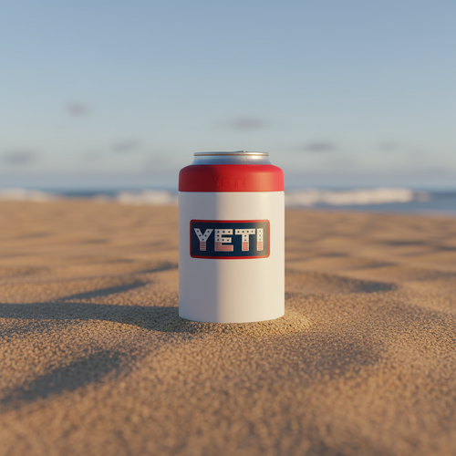 White can cooler with red top and YETI logo on a beach background